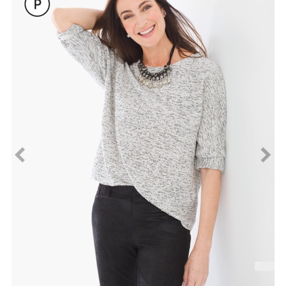 Chicos Sweater Top Womens 2 Large Black Gray Sequin Fringe Detail Dolman Sleeve‎